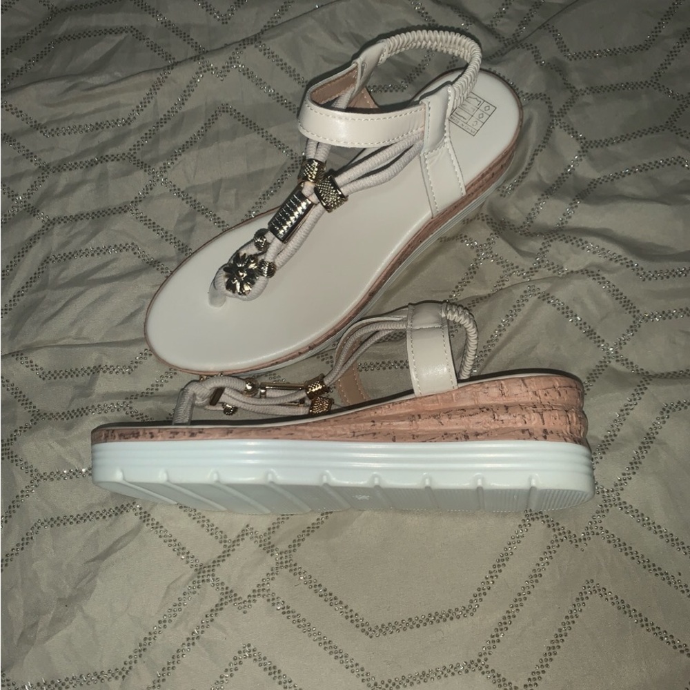 SHEIN White T-Strap Wedge Sandals with Gold Accents